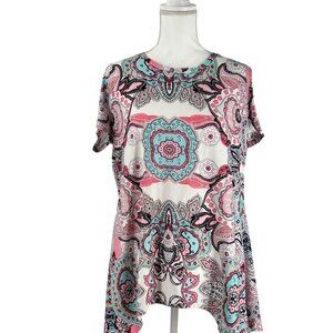 Womens Paisley Print Short-Sleeve Boho Tunic Top Vibrant Pink & Blue Design XL